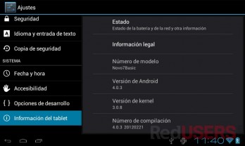 Luego de flashearla, la Novo 7 Basic cuenta con Android 4.0 Ice Cream Sandwich.