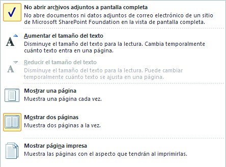 El menú [Opciones de vista] incluye opciones para mejorar la visibilidad, para intervenir el documento y para mantenernos seguros incluso cuando trabajamos con documentos de origen dudoso.