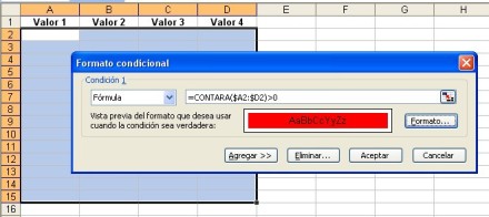 Este formato condicional hace que la fila donde escribimos un dato se destaque con fondo rojo a través de las cuatro columnas [A:D].