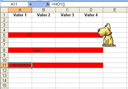 El formato condicional aplicado en el rango [A2:D15] hace que se destaquen con fondo rojo las filas donde haya algún dato, tanto si éste es texto, número o fórmula.