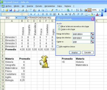 Con estas opciones obtenemos, a partir de [J9], una lista de materias con promedio menor a seis. 