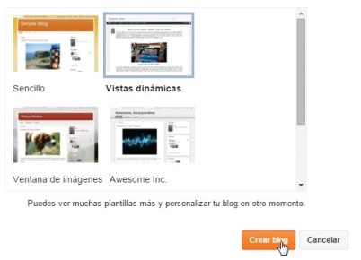 En la siguiente ventana escribimos un nombre para el blog y una dirección para el dominio blogspot.com. Es probable que tenga que probar con varios nombres de dominio (el sistema informará si está disponible). A continuación, elegimos una plantilla y luego hacemos clic en [Crear blog].