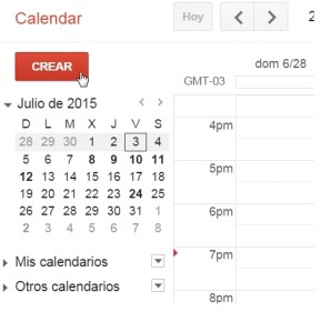 Ingresamos a www.google.com/calendar. En el panel lateral hacemos clic en [Crear] o hacemos doble clic en una hora determinada del calendario central.