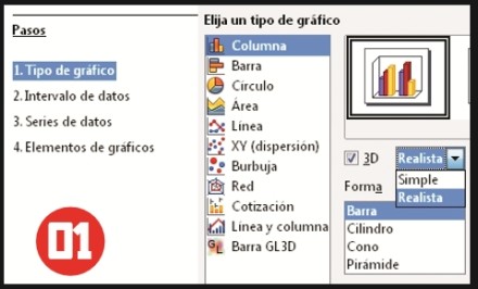 En una hoja de Calc seleccionamos los datos a representar. Desde la barra de herramientas superior hacemos clic en [Gráfico]. Se abrirá la ventana Asistente de gráficos. Hay que seleccionar el tipo de gráfico y opciones de apariencia. Luego, hacemos clic en [Siguiente].